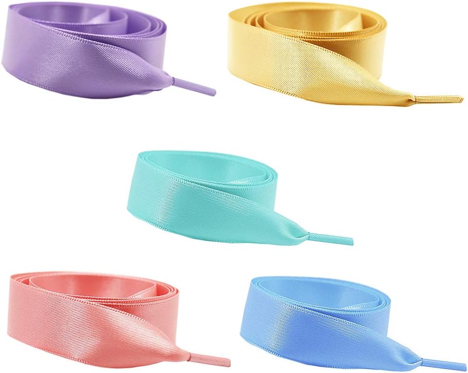 Silk Ribbon Shoelaces Fashion Sneakers Shoe Laces Flat Shoestring Lace Satin Ribbon for DIY Shoes Decoration 5 Pair of 1.2M - Light Green/Light Blue/Clove/Pink/Yellow