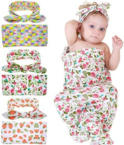 AlJoLife Newborn Baby Flower Swaddle Wrap Blanket with Bow-knot Headband Set Infant Gift(1-3 Pack)