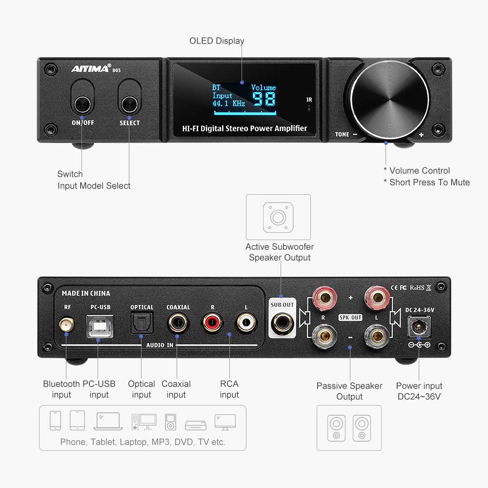 AIYIMA D05 Bluetooth 5.0 Power Amplifier 120Wx2 Stereo HiFi 2.1 CH Digital Sound Amplificador 24Bit/192kHz Class D Amp USB DAC Coaxial Optical OLED AptX, Support Subwoofer & with Remote (D05)