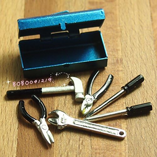 Bobominiworld Black Tools Set In Blue Tin Box Dollhouse Miniatures Decoration 1:12 Scale Length 3cm Blue