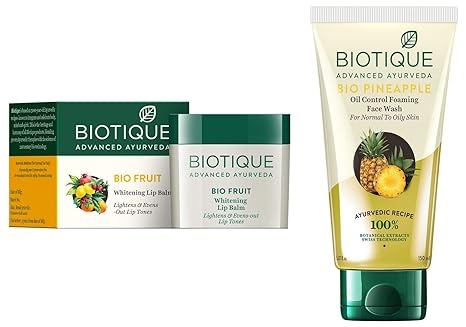 Biotique Bio Fruit Whitening Lip Balm, 12g & Bio Pineapple Oil Control Foaming Face Wash, 150ml Combo