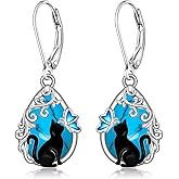 Cat Earrings Turquoise Black Cat Earrings for Women Sterling Silver Turquoise Leverback Dangle Jewelry Halloween Christmas Gifts