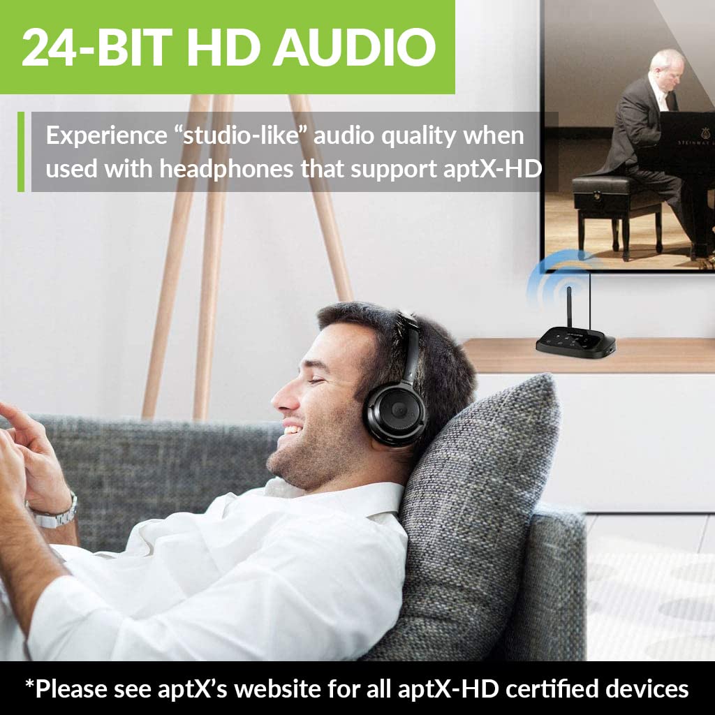 Avantree Oasis Plus & Aria Me: aptX Low Latency & HD Bluetooth Transmitter for TV & Wireless Headphones Personalized Sound w/App, Noise Cancelling, Charging Stand, aptX HD Low Latency