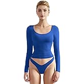 SUUKSESS Women Double Lined Fitted Basic T Shirts Scoop Neck Long Sleeve Crop Top