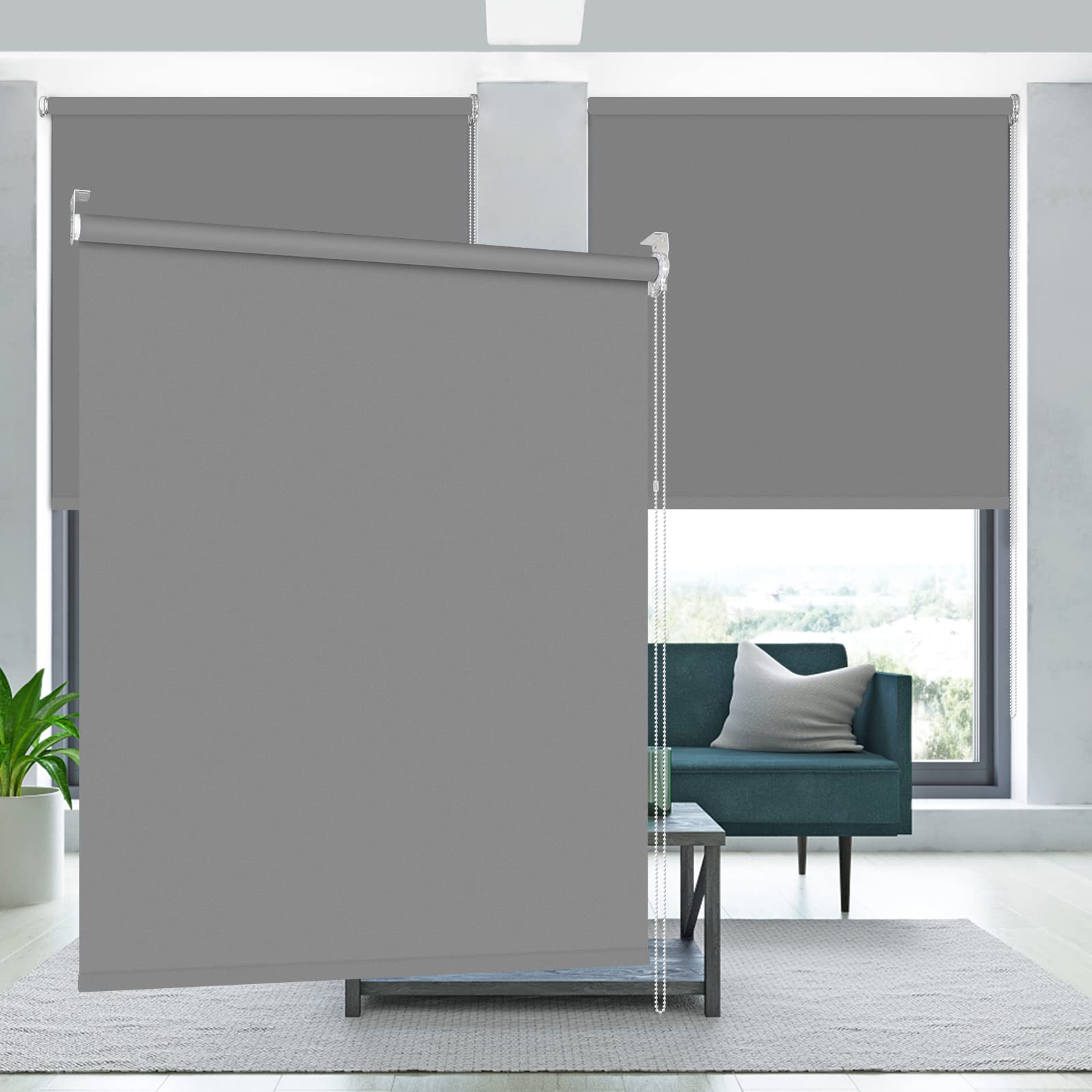 Kokorona Blackout Roller Blinds - Thermal Shades for Bedroom and Office with UV Protection, Privacy, Waterproof Fabric, 97cm x 183cm, Grey