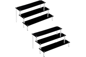 Famyards Acrylic Display Risers 2 Pack, Perfume Stand Organizer 3 Tiered Cupcake Stand Black Acrylic Display Stands Shelf Risers for Amiibo Funko POP Figures Food Desserts Holder Collection Cosmetic