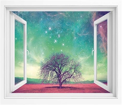 Amazon 夜の空 窓ポスター リメイクシート 90x60 Cm 多くの星の画像が装飾されたツリーと赤いエイリアンの惑星の風景 はがせるシール式 窓の景色 窓仕様 トリックアート ライトイエローブルーとピンク ウォールステッカー オンライン通販