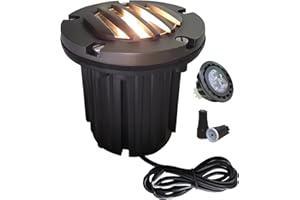MALORY Low Voltage Landscape Lighting,(5''H) Brass Top Cover Outdoor In Ground Lights, 12V Landscape Well Ground Lights for Pathway, Driveway and Garden 1 Pack with MR16 Bulb (Grated Top, 1-pack with Bulb)