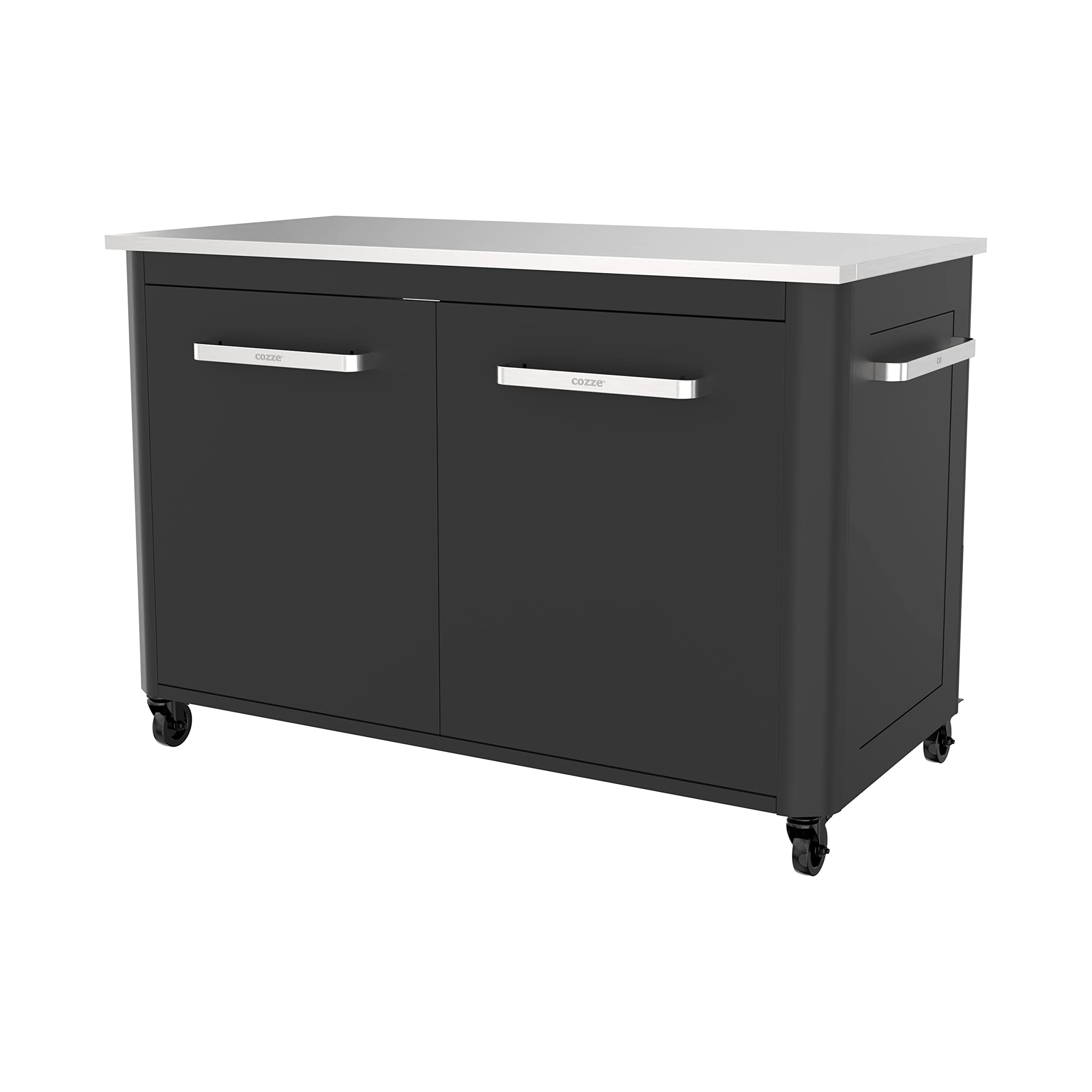cozze®-Außentisch mit Edelstahltisch, 2 Türen und 4 Rädern Edelstahl/schwarz/grau
