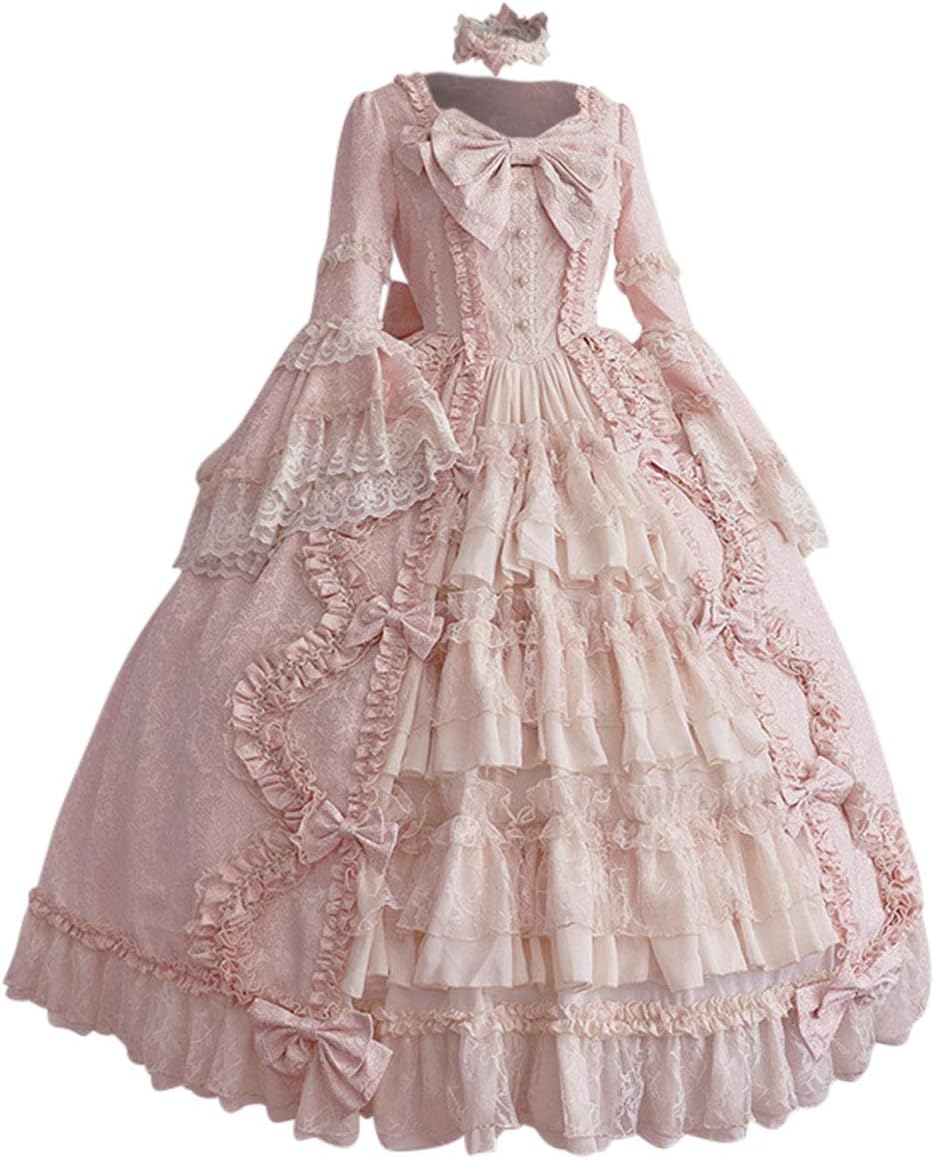 prettycos Womens Victorian Princess Costume Pink Lolita Fancy Dress with Lace Flared Sleeve for Halloween Cosplay Party