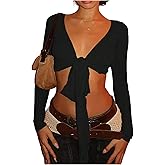 WDIRARA Women's Tie Front Long Sleeve Crop Tops V Neck Night Out Tee Shirts Clubwear