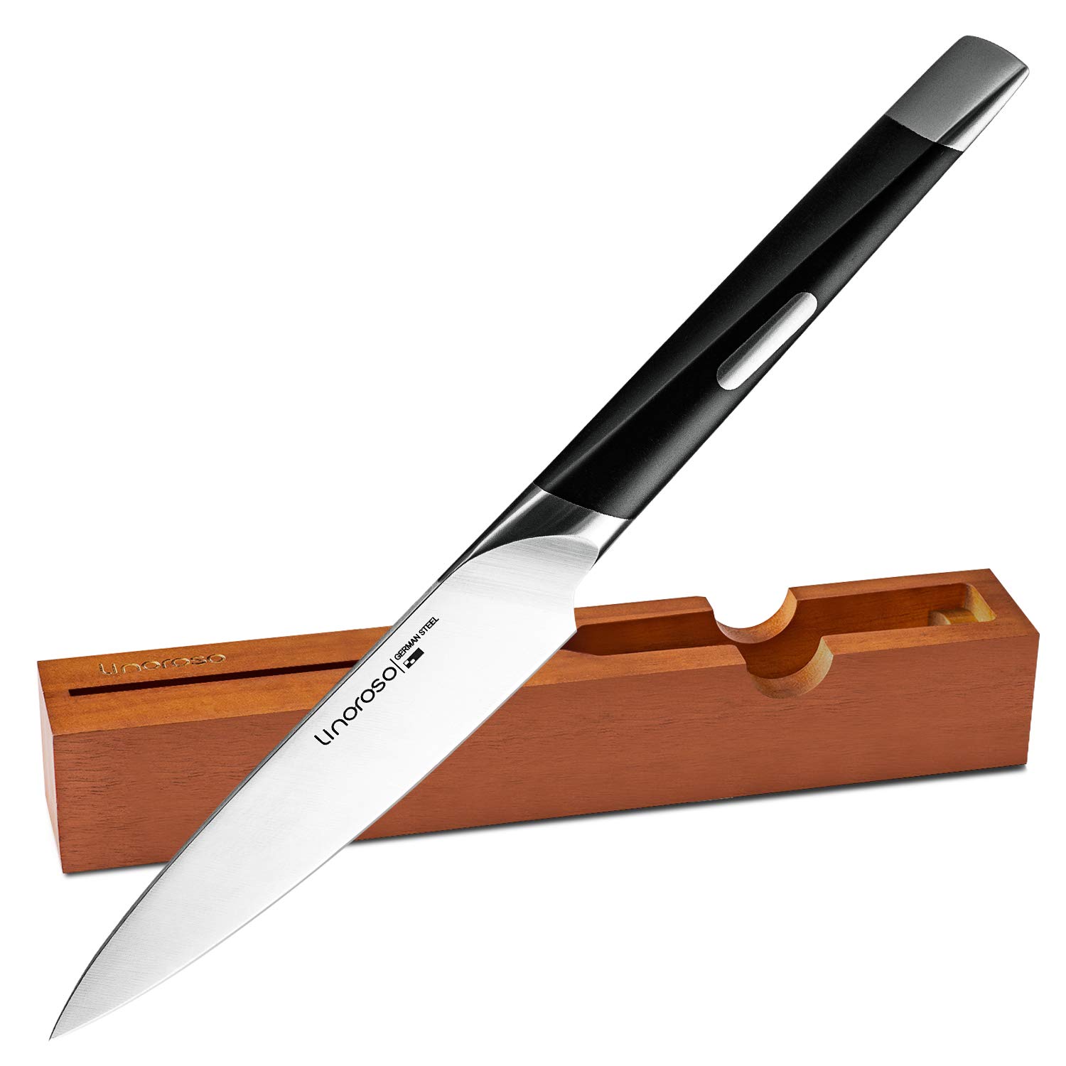 Linoroso Paring Knife 4.5 in - Extra Sharp Small Kitchen Knife, German High-Carbon Stainless Steel, Precision Forged, For Fruits and Peeling - Mako Series with Exquisite In-Drawer Knife Block