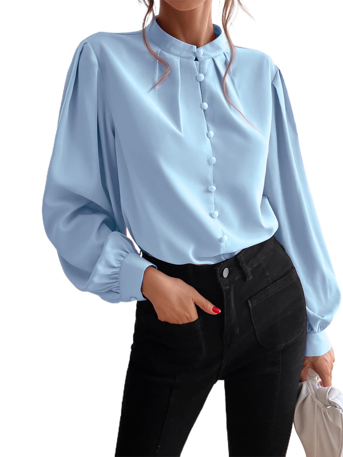 Photo 1 of **SIMILAR TO PHOTO** Milumia Women's Elegant Button Down Blouse Long Sleeve Stand Collar Puff Sleeve Top Light Blue Large