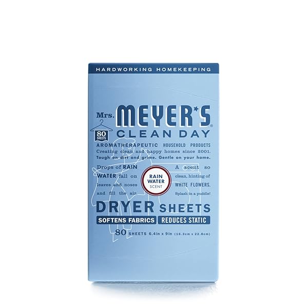 MRS. MEYER’S CLEAN DAY DRYER SHEETS, FABRIC SOFTENER, REDUCES STATIC, INFUSED WITH ESSENTIAL OILS, RAIN WATER SCENT, 80 COUNT