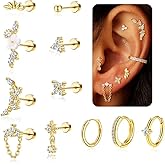 11Pcs 16G Cartilage Earrings for Women,Hypoallergenic Surgical Steel Earrings for Sensitive Ears,Flatback Stud Earrings & Conch Hoop Cartilage Earring Tragus Conch Daith Helix Piercing Jewelry Single