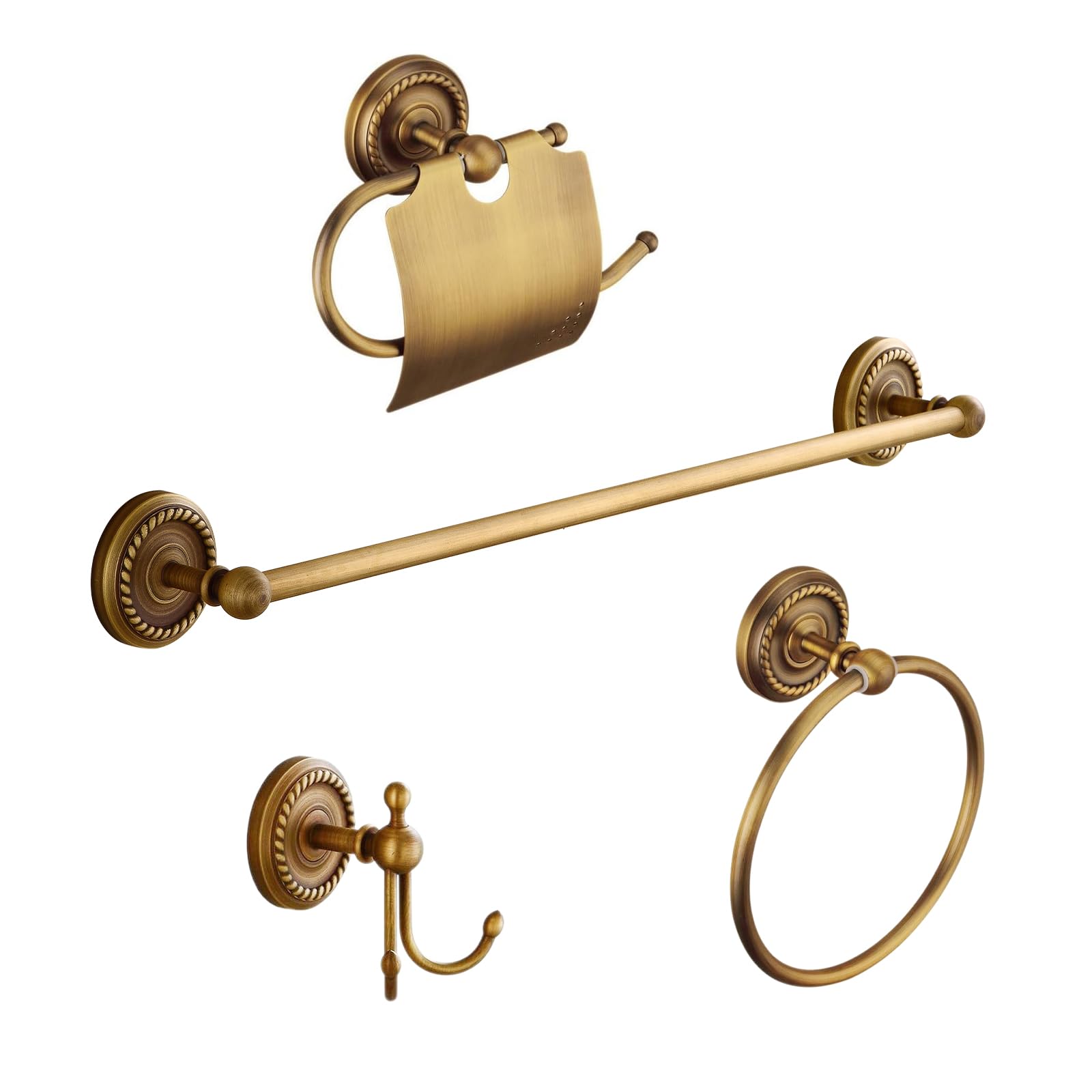 Antique Brass Bathroom Accessories Set Wall Mounted Towel Rail & Towel Ring & Toilet Paper Holder & Robe Hook, 4-Piece Vintage Bath Hardware Fixture Set