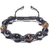 ENERACO Protection Crystals Beads Bracelet for Men - Healing Stone Bracelet Triple Protection Beaded Bracelet Tiger Eye Obsidian Hematitie Energy Crystal Bracelets for Men Gifts for Him Stress Relief