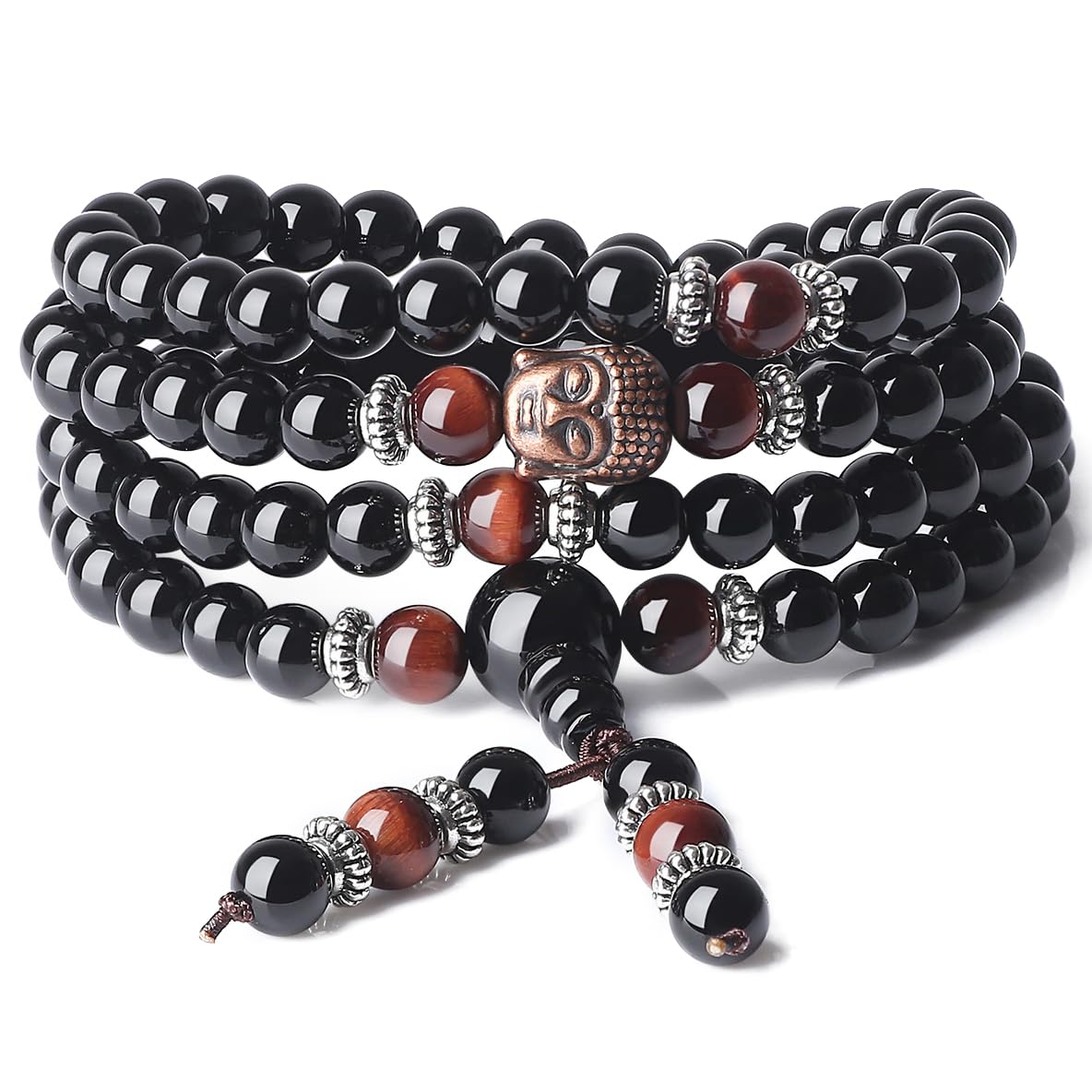 COAI 6mm Black Onyx Red Tiger Eye 108 Beads Mala Bracelace Necklace for Yoga Meditation