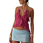 Women Crop Halter Cami Top Irregular Ruffle Edge Deep V Neck Halter Cami Top Sexy Solid Color Backless Tank Shirt