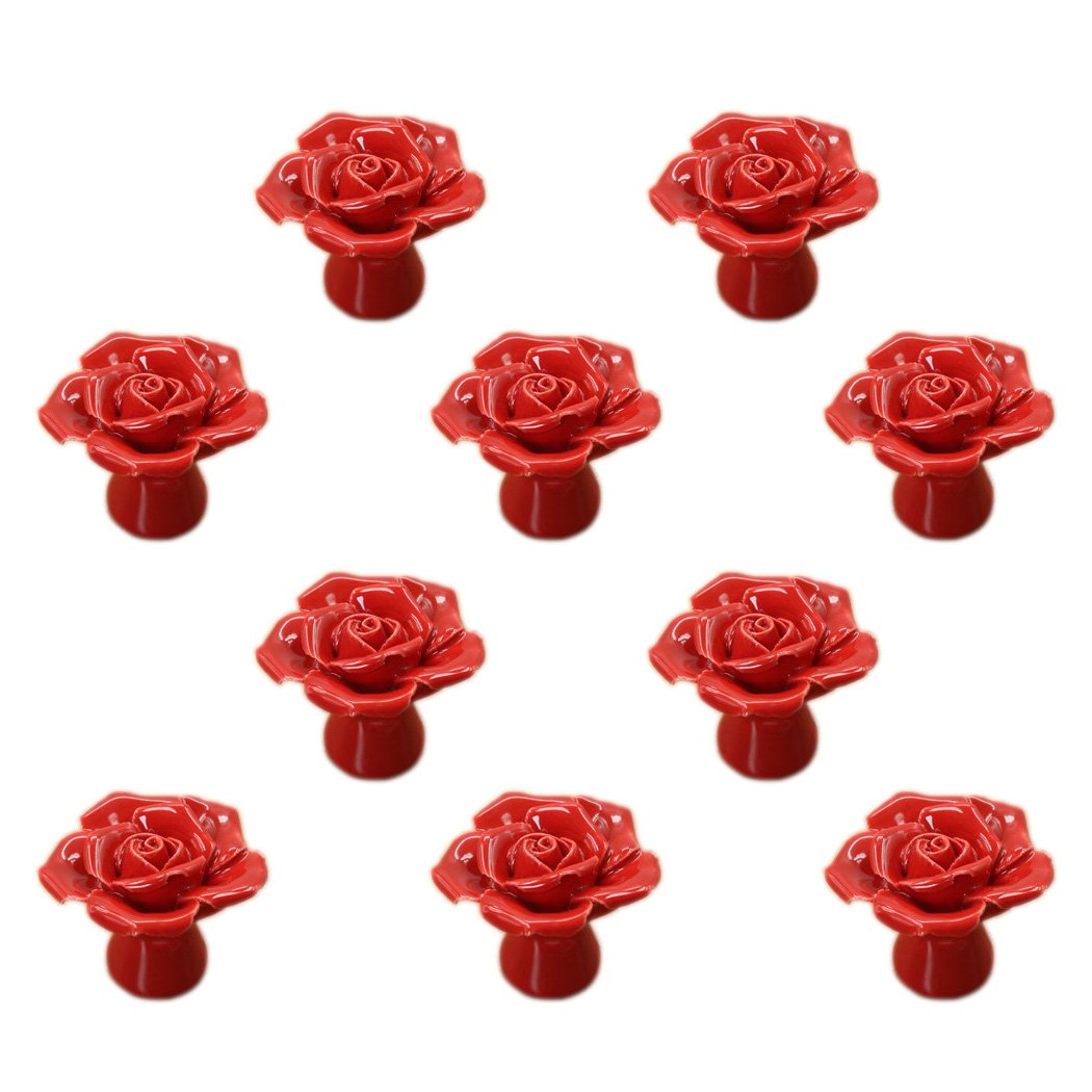 Medigy Rose Flower Ceramic Door Knob Dresser Kitchen Cabinet Cupboard Drawer Pulls Handles 10 Pack, Red