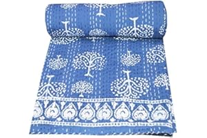 YUVANCRAFTS Indian Handmade Cotton Kantha Quilt Traditional Indigo Print Twin Quilt Blanket Bedspreads Throw (Blue)