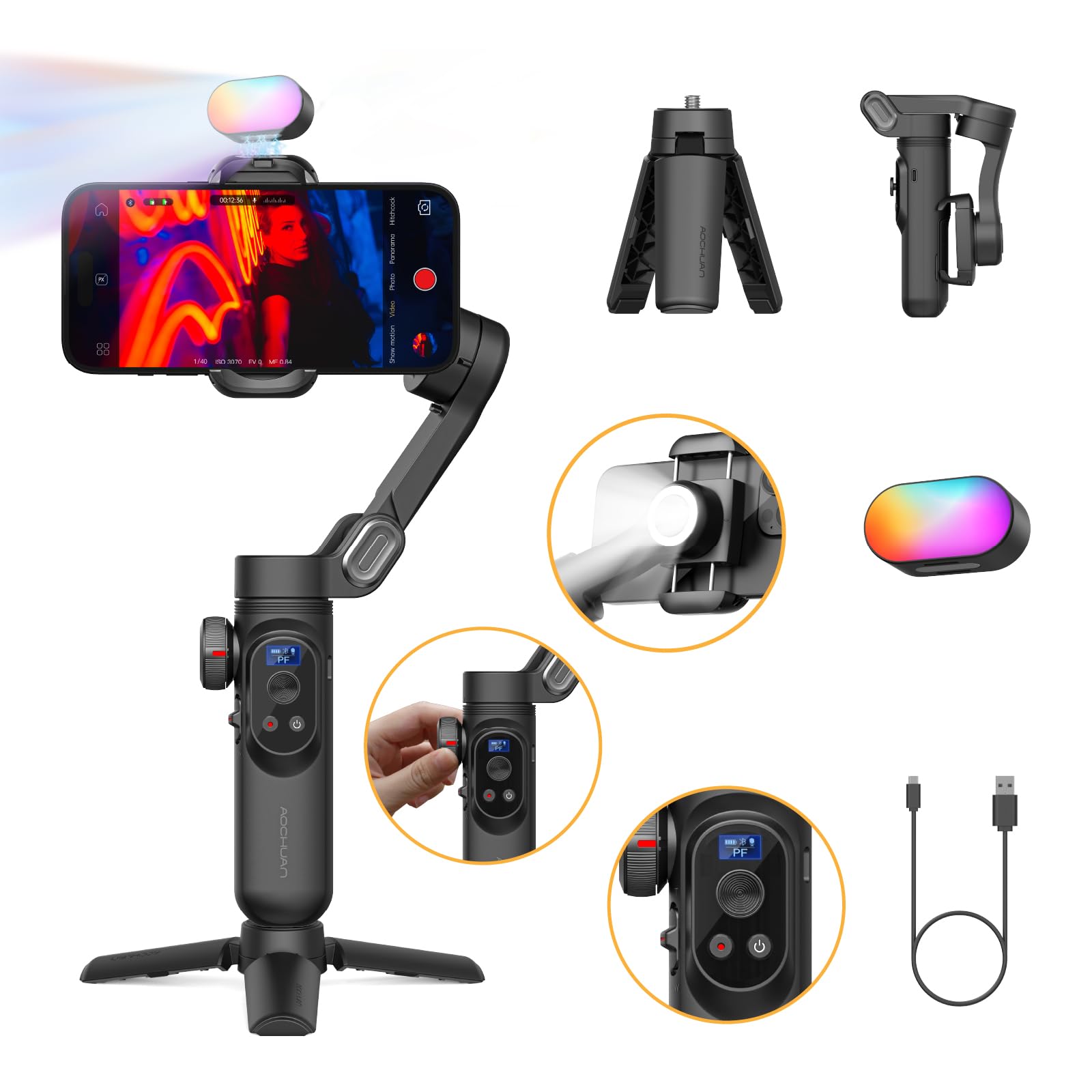 AOCHUAN 3-Axis Gimbal Stabilizer for Smartphone w/RGB Magnetic Fill Light Phone Gimbal for iPhone/Android Foldable iPhone Stabilizer w/Upgraded Face Tracking Vlog Recording-Smart X Pro Kit