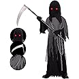 Grim Reaper Costume for Kids,Phantom Halloween Costume with Red Glowing Eyes, Gloves Scythe included