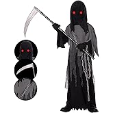 Lomesion Grim Reaper Costume for Kids,Phantom Halloween Costume with Red Glowing Eyes,Skull Gloves Scythe included, Gray-black, Large (10-12yr)