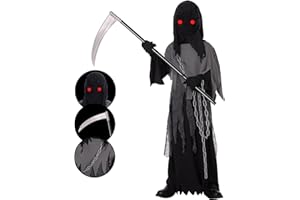 LOMESION Grim Reaper Costume for Kids,Phantom Halloween Costume with Red Glowing Eyes,Skull Gloves Scythe included