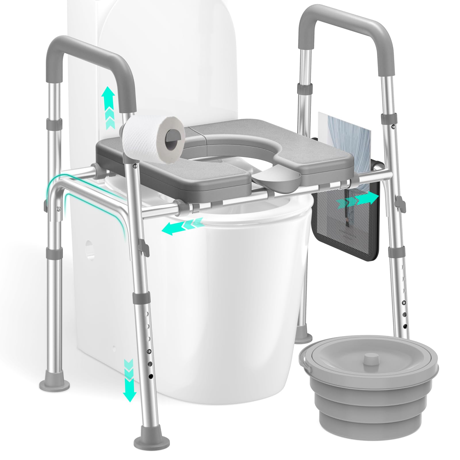 Photo 1 of HOMEAL Seat Riser for Seniors with Bucket, Adjustable Raised Toilet Seat with Handles, Supports 450LBS, Heavy-Duty 3in1 Bedside Commode Chair for Any Toilet, Shower & Bedside (Grey, with Bucket)