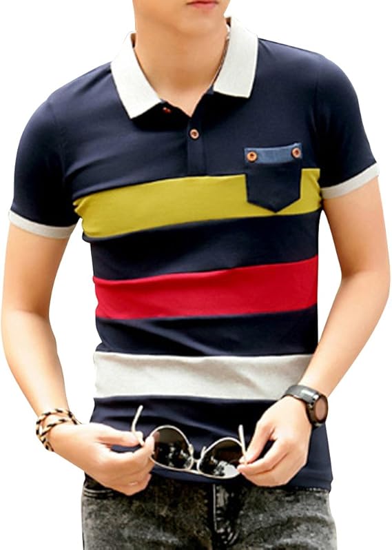 Amazon ノーブランド品 ポロシャツ メンズ 半袖 ポロ 三色ボーダー Tシャツ カットソー タイト フィット Tシャツ カットソー 通販