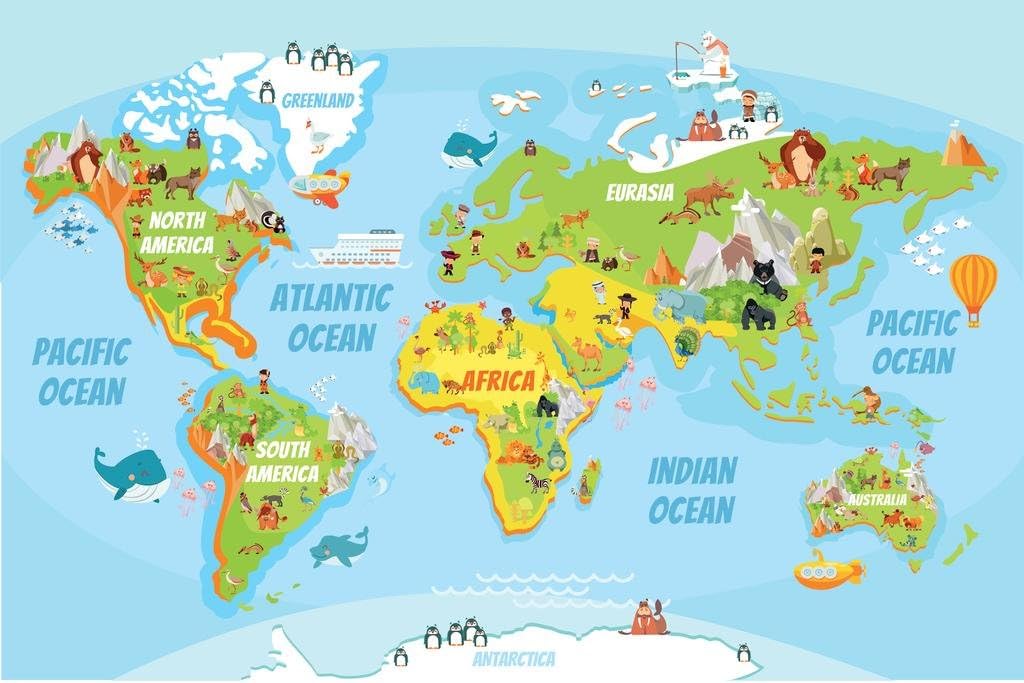 Educational Kids Global World Map Cartoon Animals Cool Wall Decor Art Print Poster 36x24