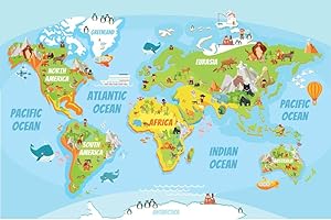 Educational Kids Global World Map Cartoon Animals Cool Wall Decor Art Print Poster 36x24