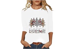 HNODOV Merry Christmas 3/4 Sleeve Tops for Women Cute Xmas Tree Tshirts Plus Size Crew Neck Blouse Soft Holiday Pullover Tees