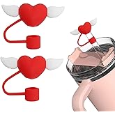 2Pcs Hearts Straw Cover for Stanley Cup, 10mm Silicone Straw Covers Cap for Stanley Cup Accessories, Cute Straw Topper for Tumblers, Straw Cap Stopper for Reusable Straws (White Wings Red)