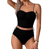 Pink Queen Women's 2 Piece Bikini Swimsuit Adjustable Straps High Waist Bathing Suit Modest Drawstring Ruched Summer Swimwear