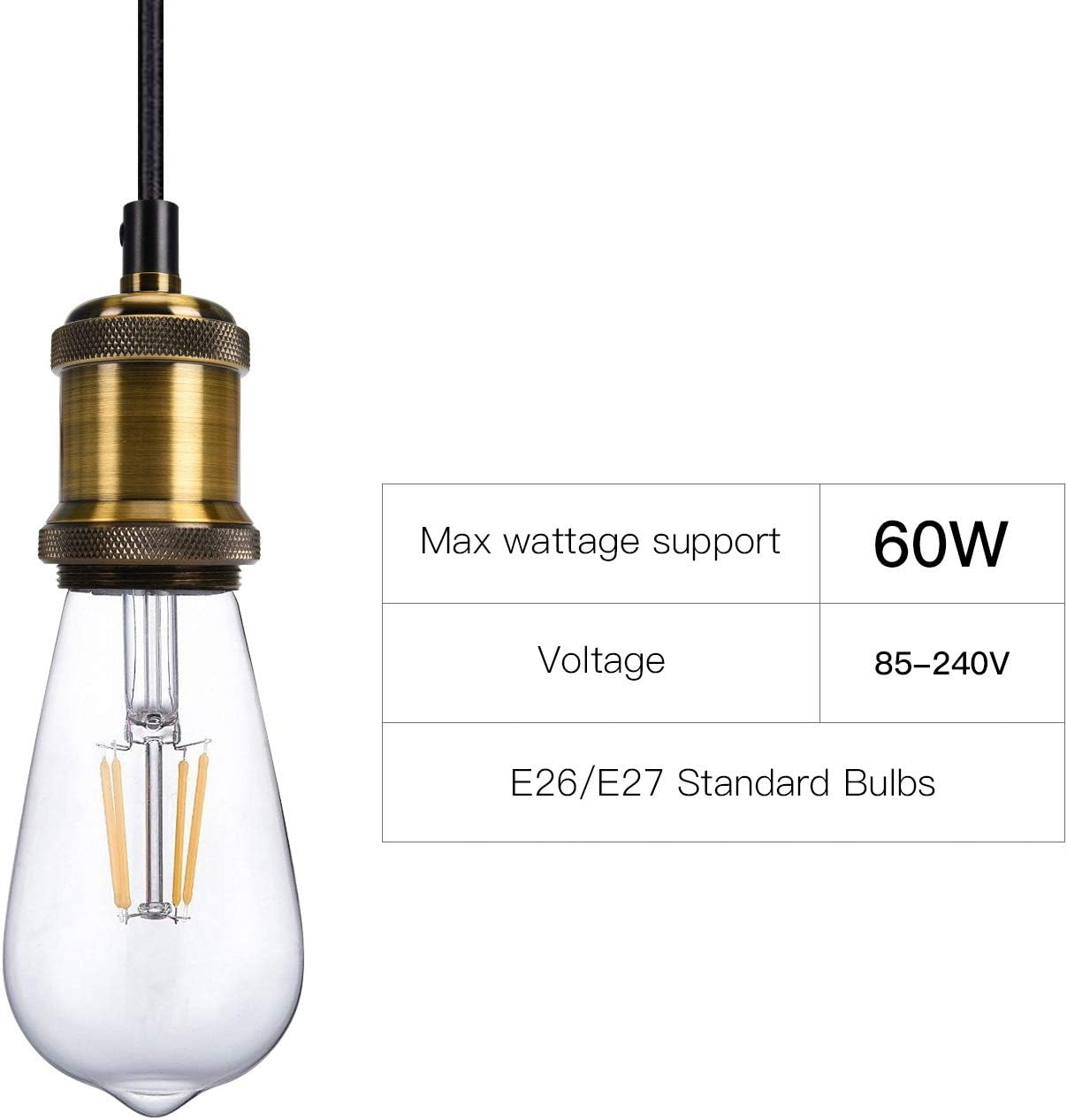 Industrial Mini Pendant Light JACKYLED Single Vintage Socket E26 E27 Lampholder Black Woven Fabric Pendant Light Cord Adjustable Hanging Light Kit - - 