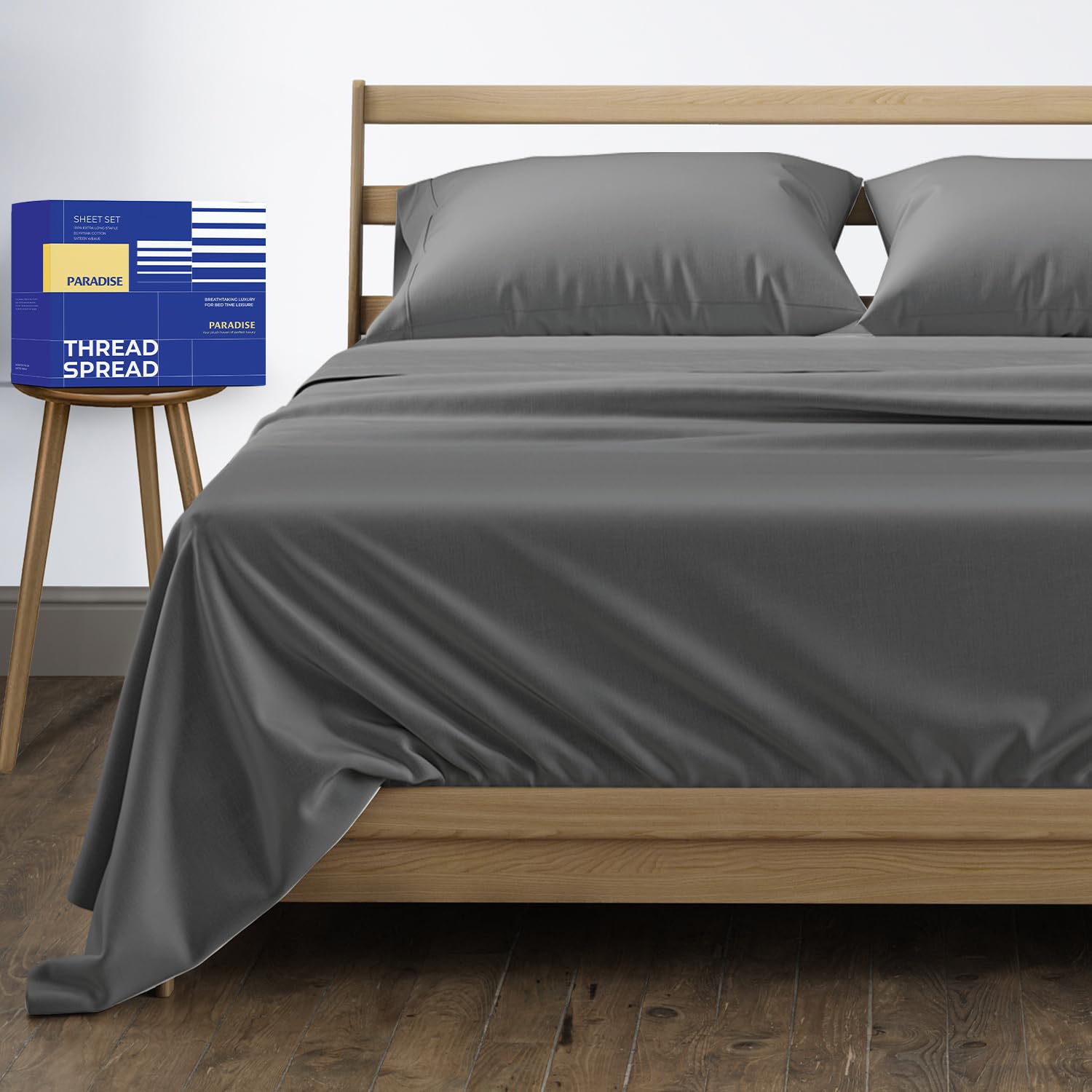 Photo 1 of THREAD SPREAD 100% Egyptian Cotton Queen Sheet Set - High Thread Count Sheets Queen Size Bed Set (4 PC, Dark Grey), Soft, Cooling, 16" Deep Pocket Extra Long Staple Sateen Weave Luxury Hotel Sheet