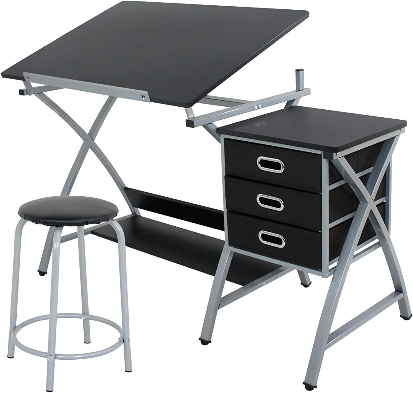 Saturnpower Adjustable Drafting Table Art & Craft Drawing Desk Craft Station Folding Tabletop Tilted Drawing Drafting Table W/Stool and Drawers