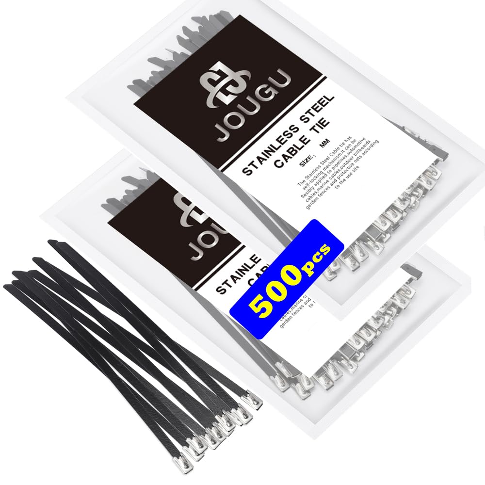 Metal Zip Ties black 500PCS 11.8 inch 304 Stainless Steel Locking Cable 250LB 300mm Heavy Duty Exhaust Wrap Multi Purpose Binding for machinery, vehicles, farms, cables, pipes,Fence(black/500PCS)