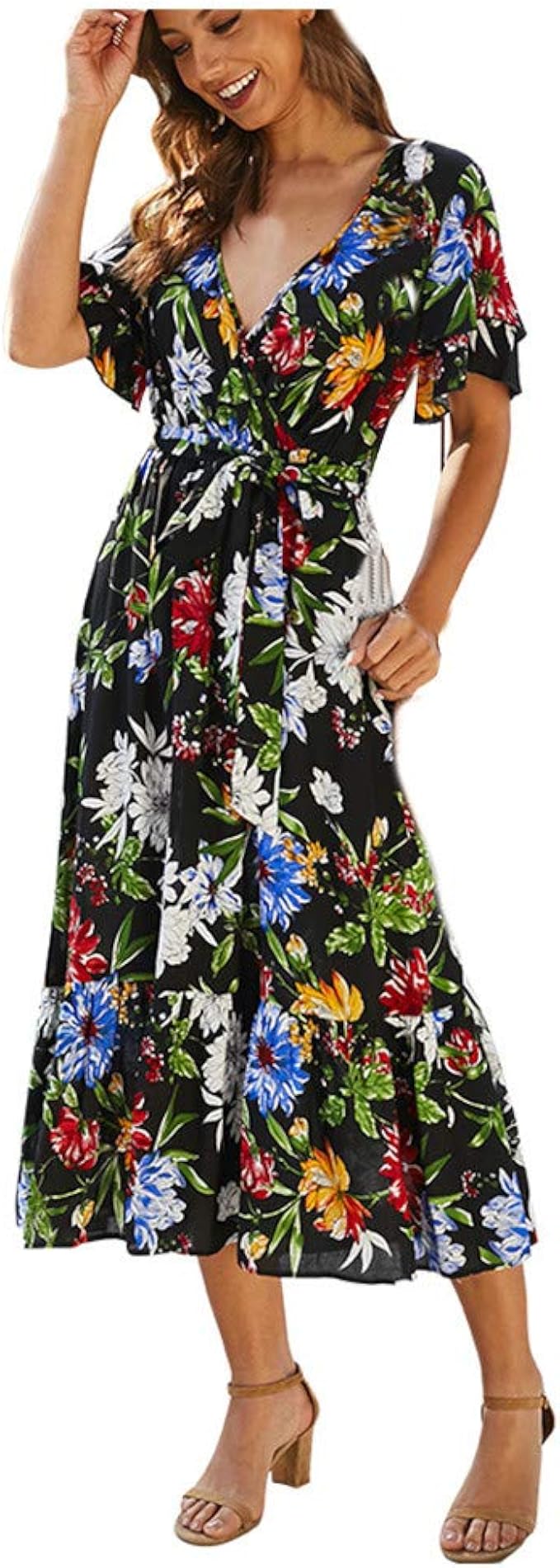 Garish Women‘s Casual Spring Summer Bohemia Floral Printing V-Neck Mid