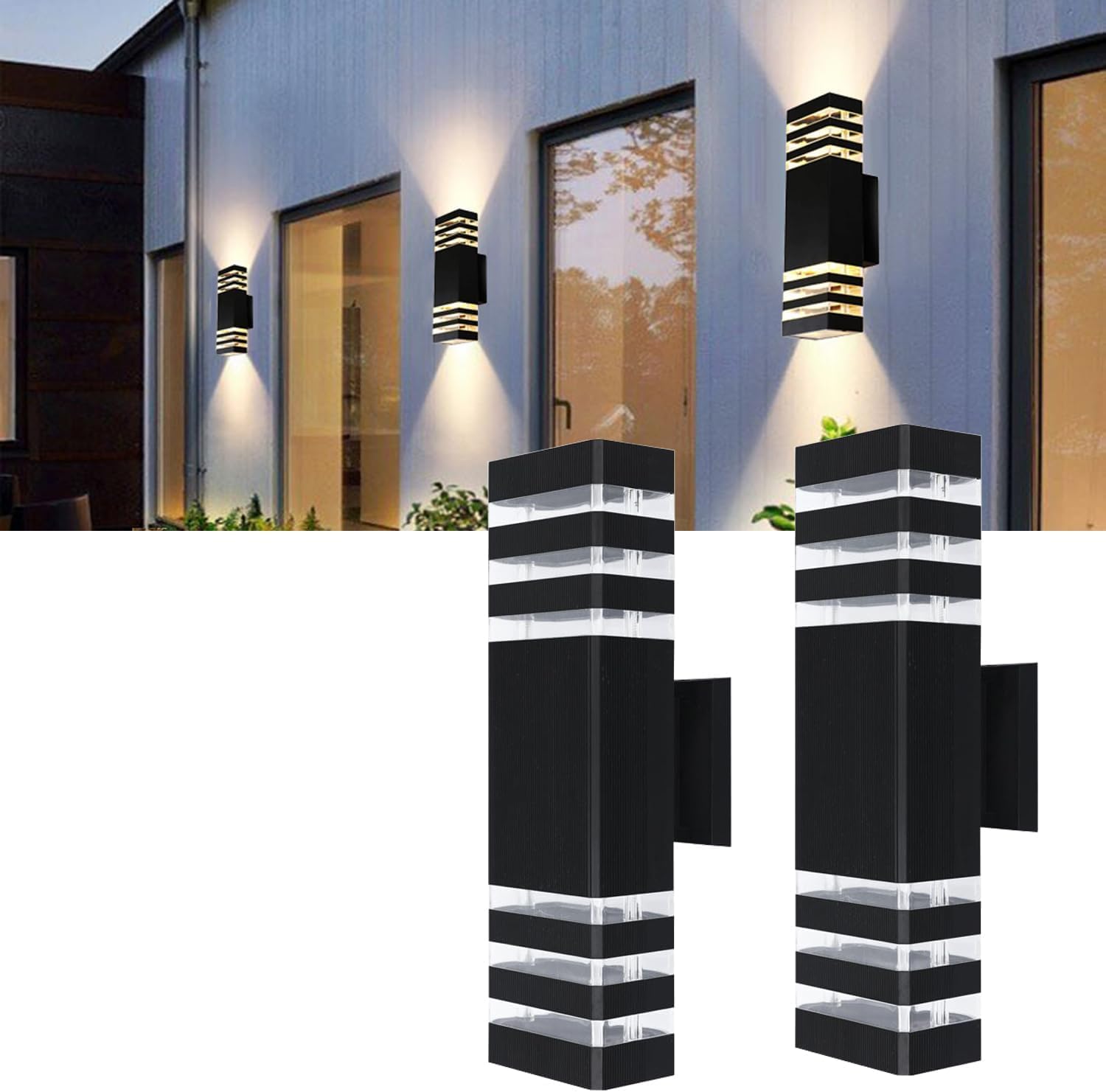 Photo 1 of (PARTIAL SET) (UNTESTED) 2Pack 15inch LED Square Up & Down Wall Lights,14W Outdoor Wall Light 4000K Day White Aluminum Body Waterproof IP65 LED Exterior Light Fixtures Wall Mount for House Patio Garage Garden.