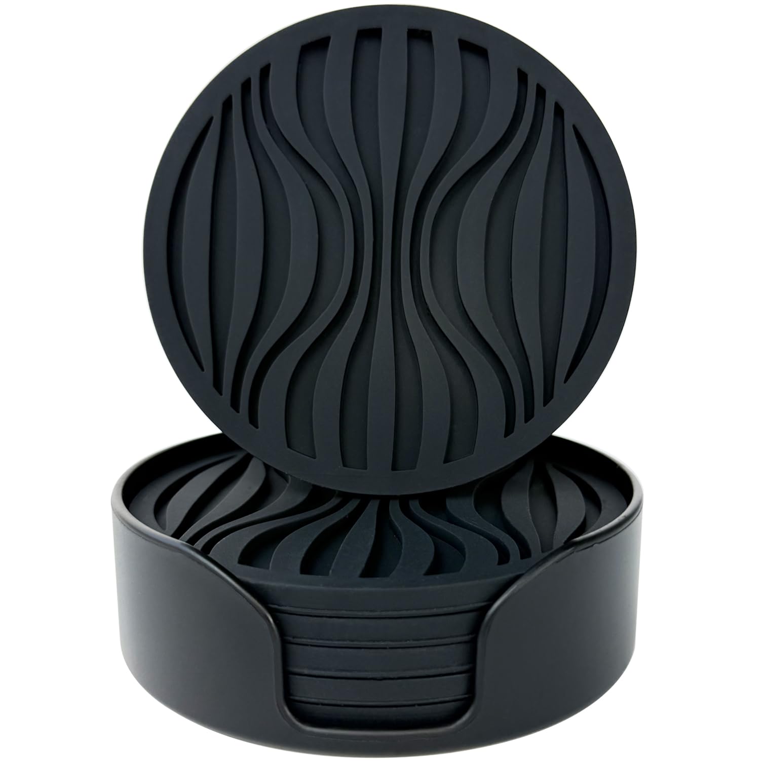 Silicone Coasters Set of 6, Thick Design (0.2inch/0.5cm) Round Mugs Cup Drinks Coasters, Coffee Pads Beer Bar Mat, With Patterns Non Slip (Black)
