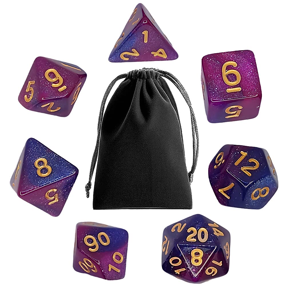 Polyhedral RPG Dice Set, 7PCS Polyhedral Double-Color Dice, DND Dice Set with Black Dice Bag for Dragons and Dungeons MTG (Starry Purple Blue)