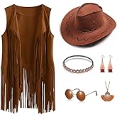 RRMMNIU 60s 70s Western Cowgirl Costume Set Women Disco Hippie Fringe Vest with Hat Sunglasses Jewelry Accessories