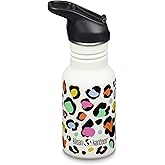 Klean Kanteen 12 oz Classic Kid's Water Bottle with Flip Seal Sport Cap & Straw - 100% Leakproof Cap - Durable Stainless Steel Material - Lightweight & Easy-Grip - BPA-Free - Leopard Print