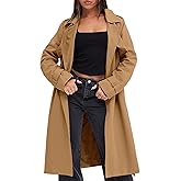 Fisoew Women's Double Breasted Trench Coats Causal Windproof Long Lapel Pocketed Overcoat with Belt