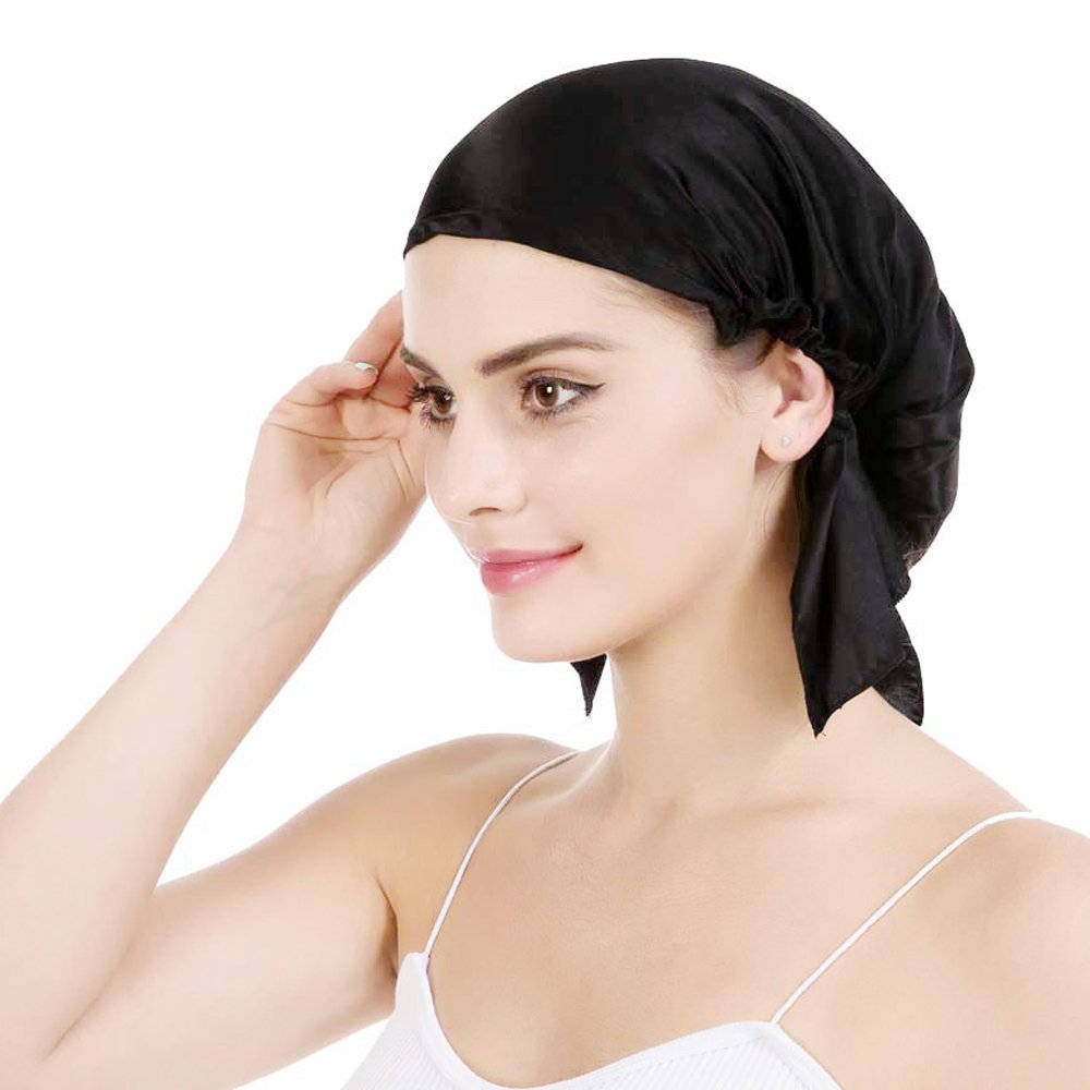 OROPY Mulberry Silk Night Sleep Cap Bonnet for Hair Loss Women Sleeping Hat 19 Momme Soft with Adjustable Elastic Ribbon(Free Size, Natural Black)