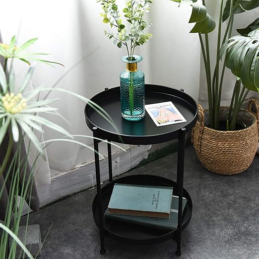 Amazon Com Zjgoods Sofa Side Table Simple Wrought Iron Double Small Coffee Table Mini Round Table For Living Room Bedroom Apartment Office Decoration Black Kitchen Dining