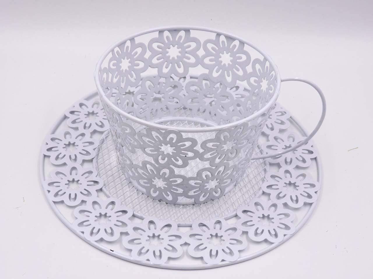 Shabby Chic Exquisite Tea Cup Shaped Floral Planter in White Color Wrought Iron, Home Decor
